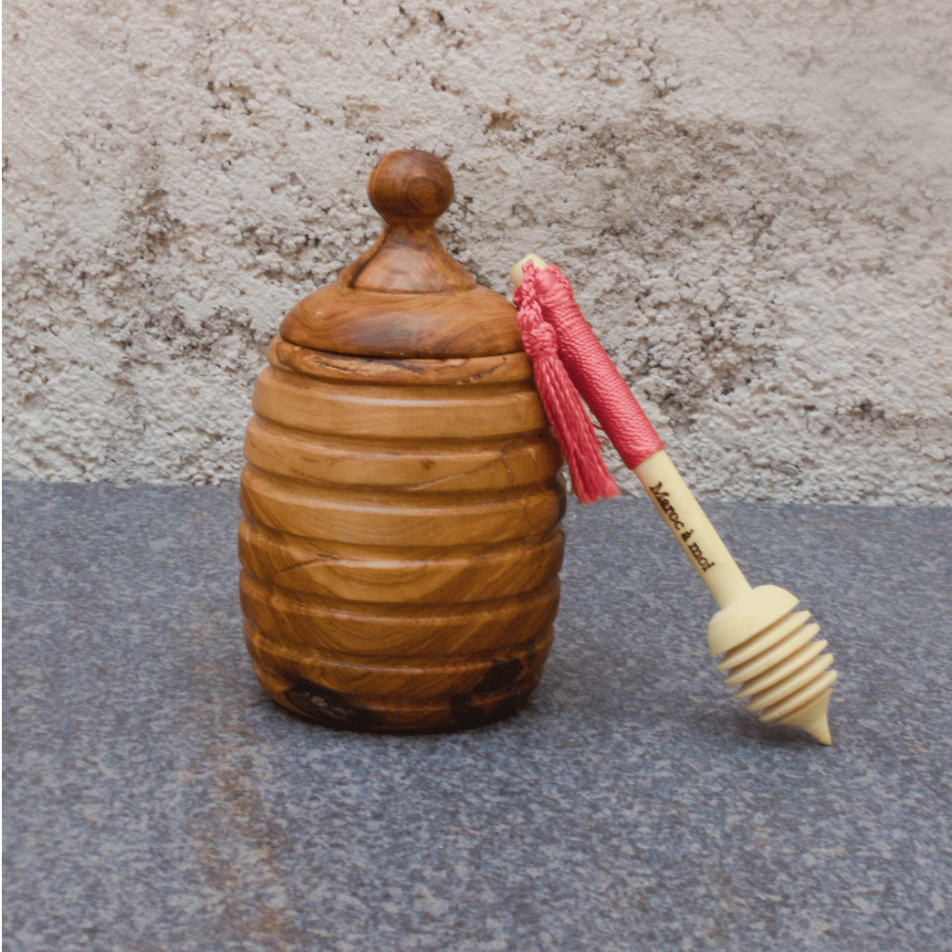 Pot de Miel en Bois d’Olivier avec Cuillère